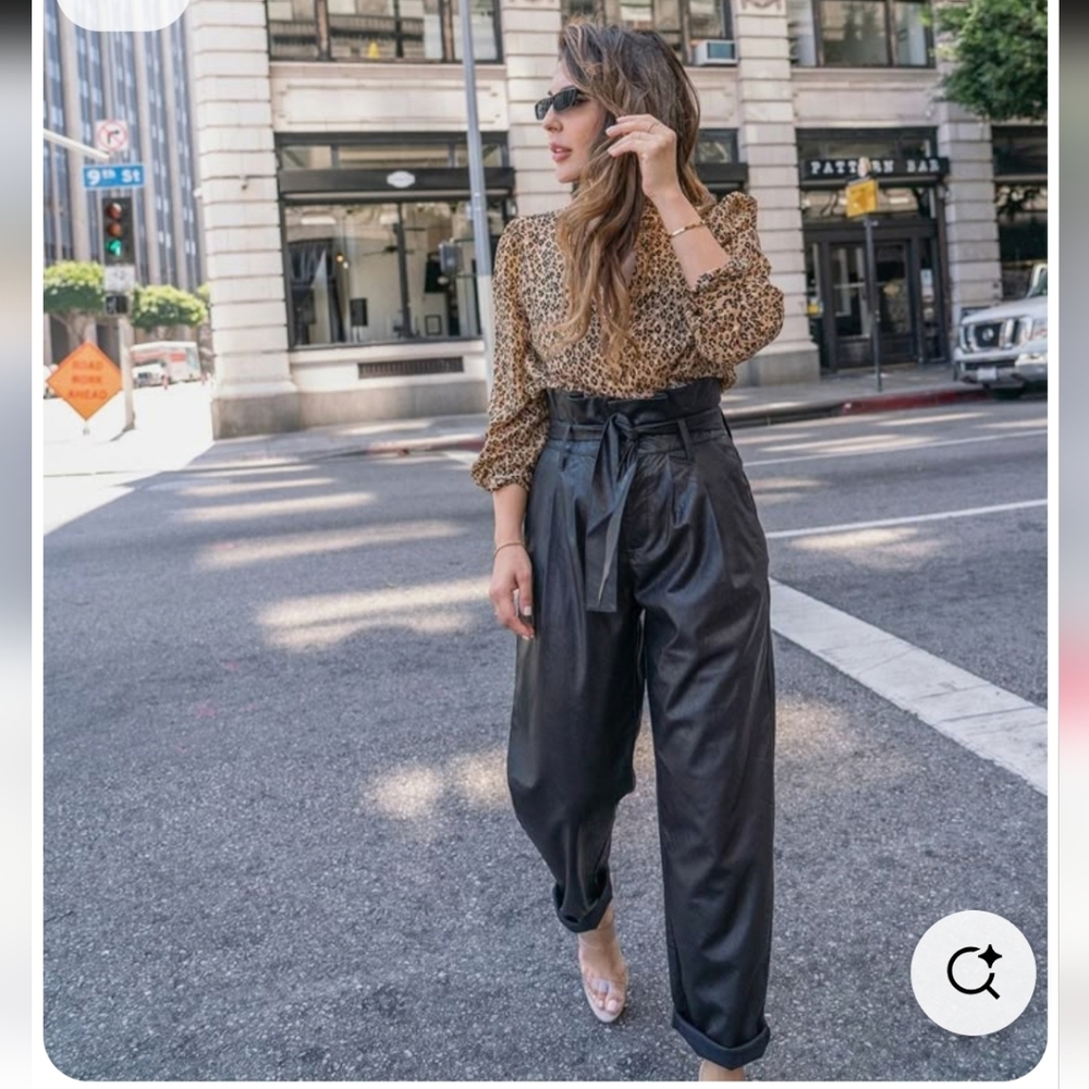 Who What Wear Black High-Waisted Faux Leather Trousers with Tie Waist EUC Size 2